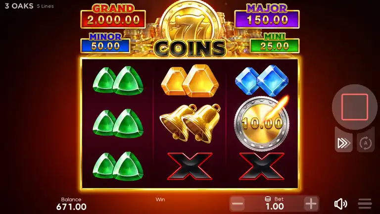 777 Coins free demo - base game board from our logged session