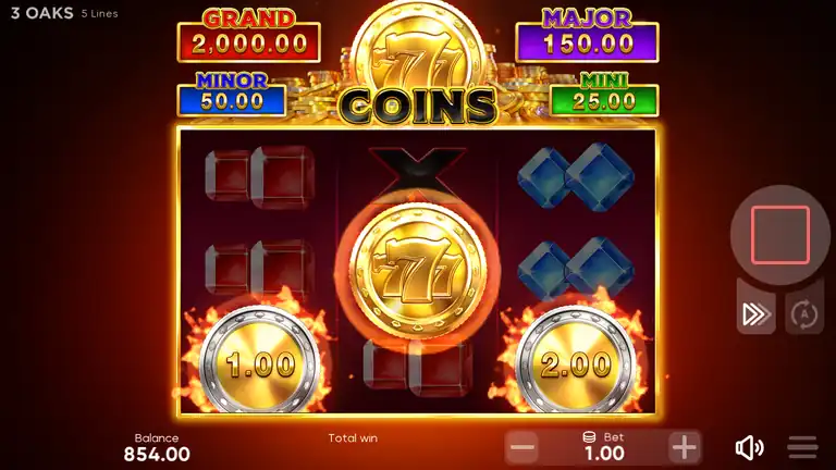 777 Coins Hold and Win round in progress with locked coin values and the respin counter