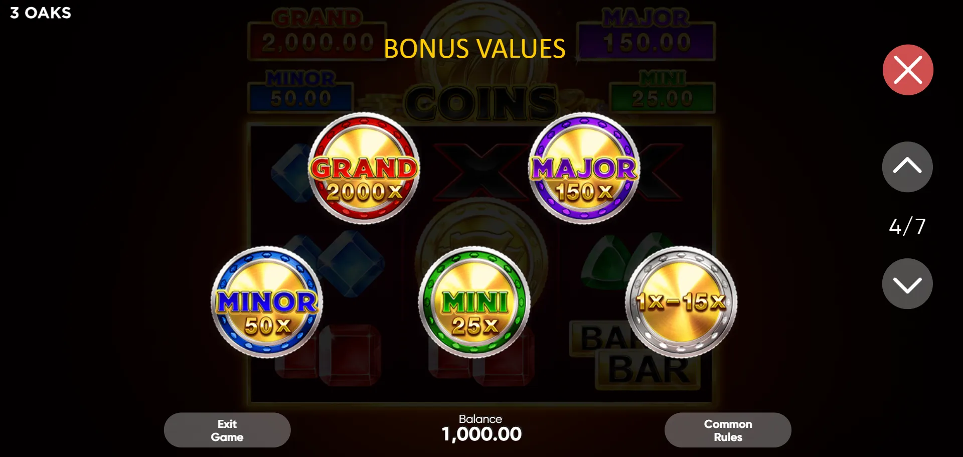 777 Coins jackpot tiers: GRAND 2,000x, MAJOR 150x, MINOR 50x, MINI 25x, and the bonus coin range