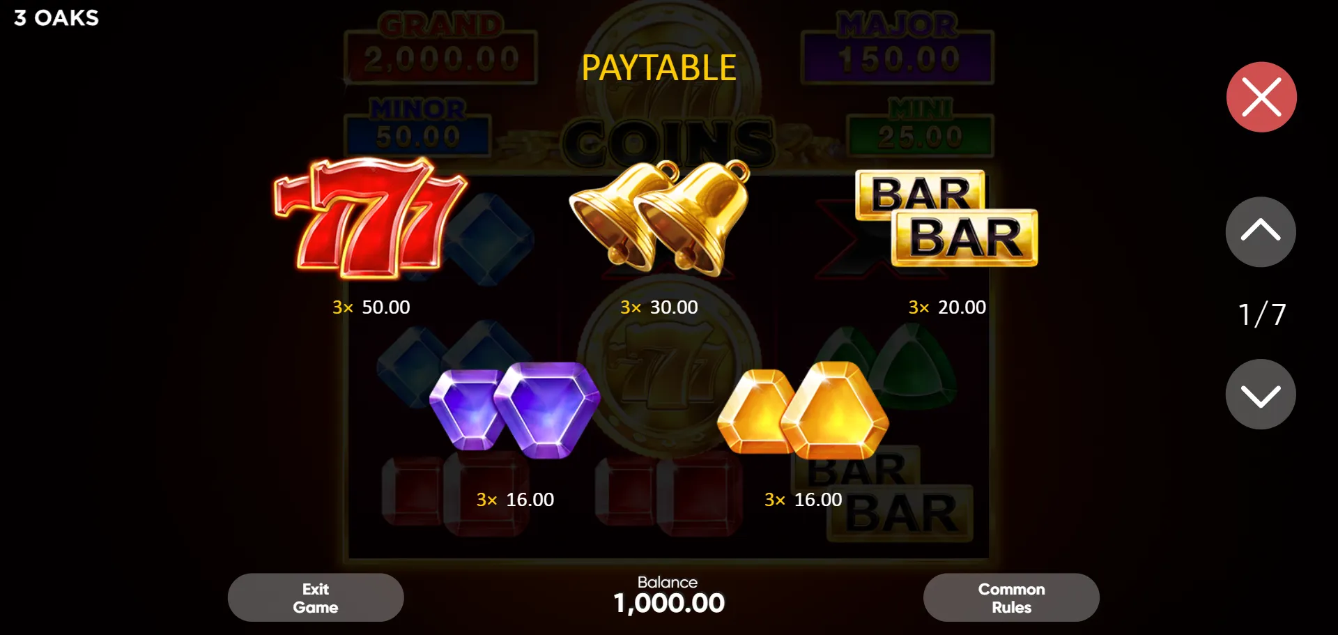 777 Coins in-game paytable, first page of seven