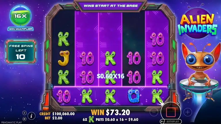 Alien Invaders mid-bonus: the multiplier counter at 16x with ten spins left