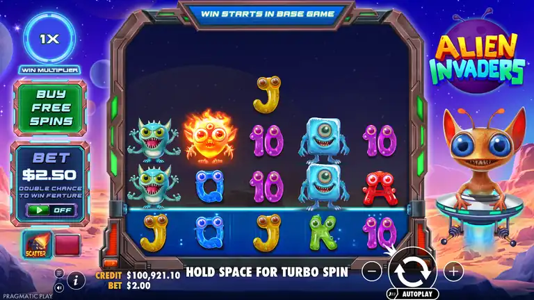 Alien Invaders by Pragmatic Play: reels of different heights with the marked bottom row lit in blue