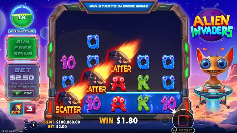 Alien Invaders trigger moment: three meteors on the grid with the scatter counter at 3