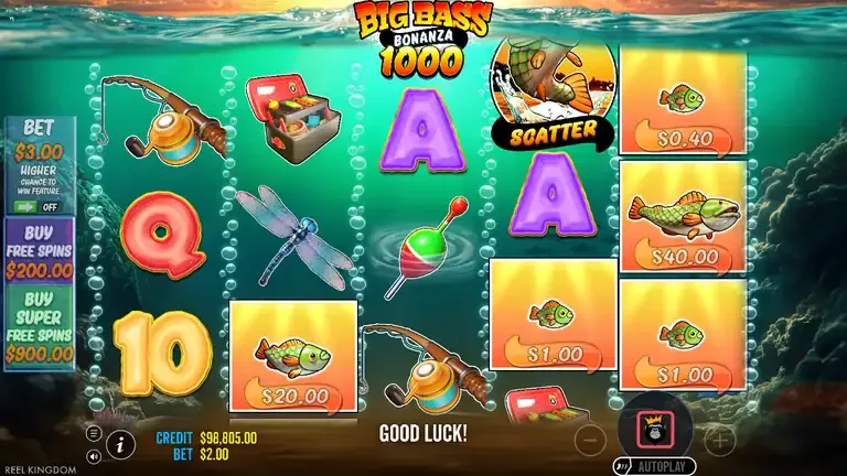Big Bass Bonanza 1000 base game during the last paid spin of the session, reels still turning, balance 98,805.00