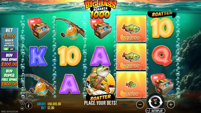 Big Bass Bonanza 1000 base game board at the session low, balance 98,695.80, three money fish on the fourth reel and one scatter on the third