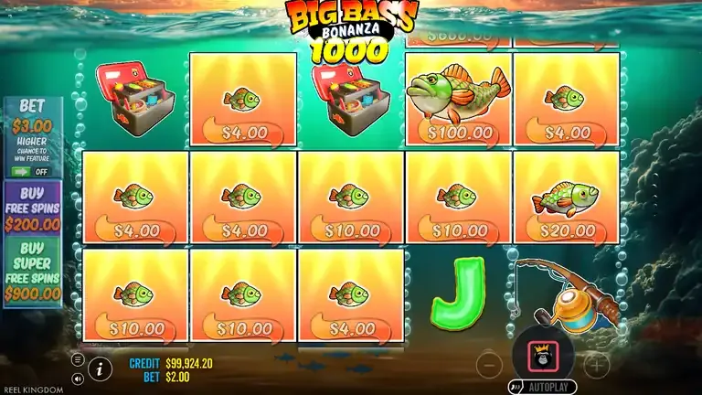 Big Bass Bonanza 1000 base game board with eleven money fish tagged from 4.00 to 100.00, balance 99,924.20 after the stake