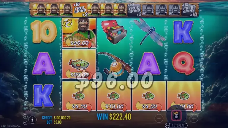 Big Bass Bonanza 1000 last free spin of round 2 with a wild at x2 collecting 96.00, win counter 222.40, balance 100,000.20