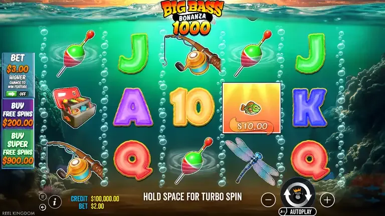 Big Bass Bonanza 1000 base game board at the opening of the logged session, balance 100,000.00