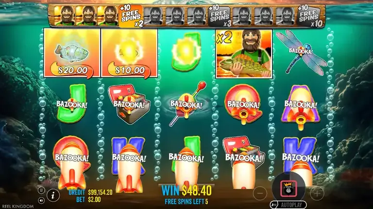 Big Bass Bonanza 1000 free spin with a wild at x2 on the fourth reel and the bazooka animation firing money fish onto the board