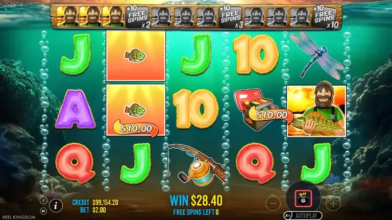 Big Bass Bonanza 1000 free spins, round 14: a wild on the fifth reel collecting two fish tagged 10.00, win counter 28.40, no free spins left, three fishermen lit on the bar
