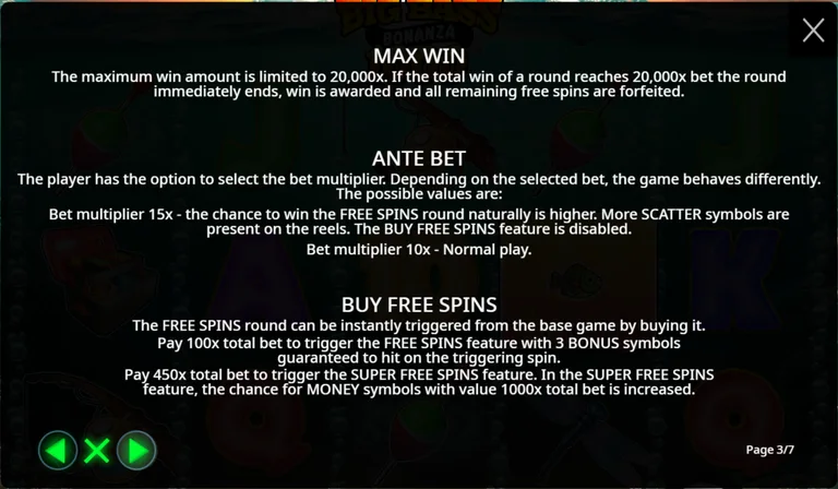 Big Bass Bonanza 1000 rules page 3 of 7: the 20,000x max win rule, the ante bet multipliers and the two buy prices at 100x and 450x