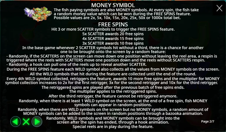 Big Bass Bonanza 1000 rules page 2 of 7: money symbol values from 2x to 1000x, the scatter table and the free spins collection and retrigger text