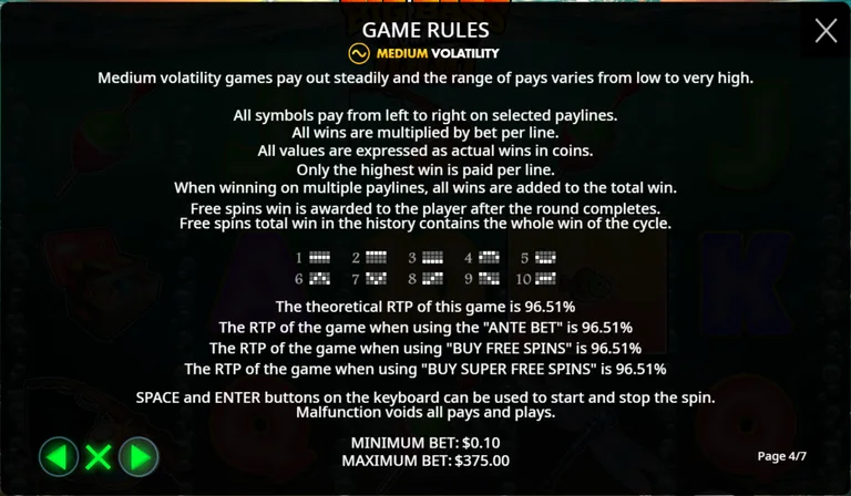 Big Bass Bonanza 1000 rules page 4 of 7: Medium volatility label, the ten payline diagrams and the four RTP lines at 96.51%