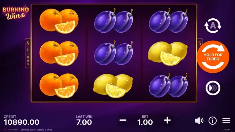Burning Wins session BWCL-20260805-01, a board of fruit with no winning line
