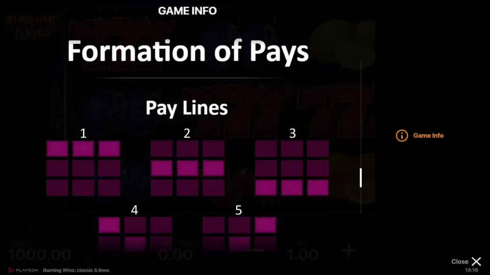 Burning Wins classic 5 lines game info screen showing the five fixed pay line patterns