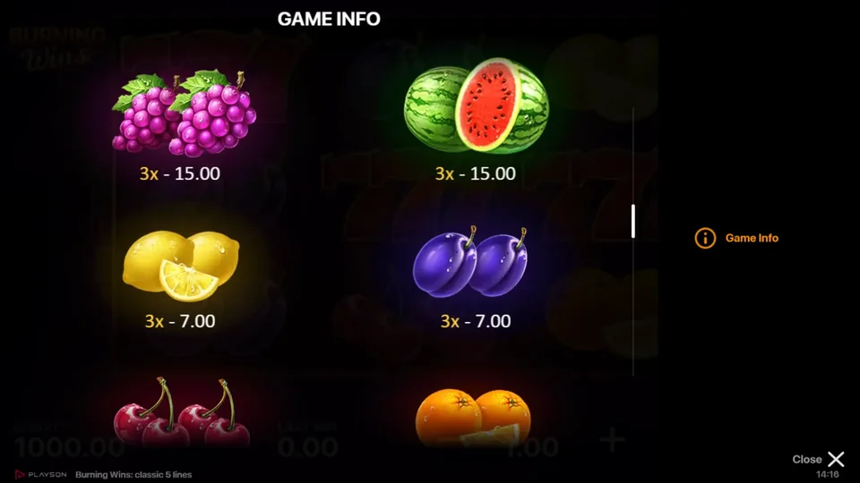 Burning Wins classic 5 lines paytable screen with grapes and watermelon at 15 and lemon and plum at 7