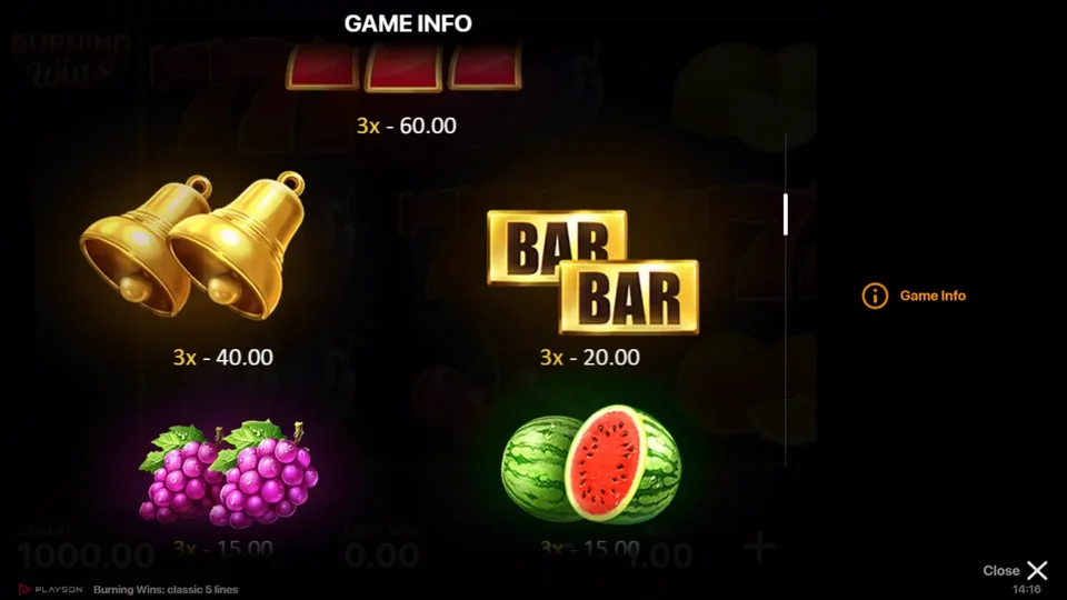 Burning Wins classic 5 lines paytable screen with sevens at 60, bells at 40 and bar at 20