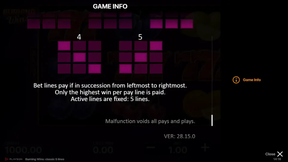 Burning Wins classic 5 lines rules screen stating leftmost to rightmost, highest win per line and five fixed lines