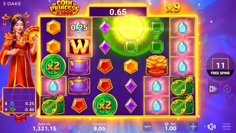 Coin Princess x1000 Free Spins round with 11 spins left and x2 coins on the grid