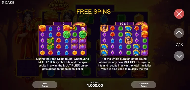 Coin Princess x1000 rules page: in Free Spins the multiplier total banks for the whole round