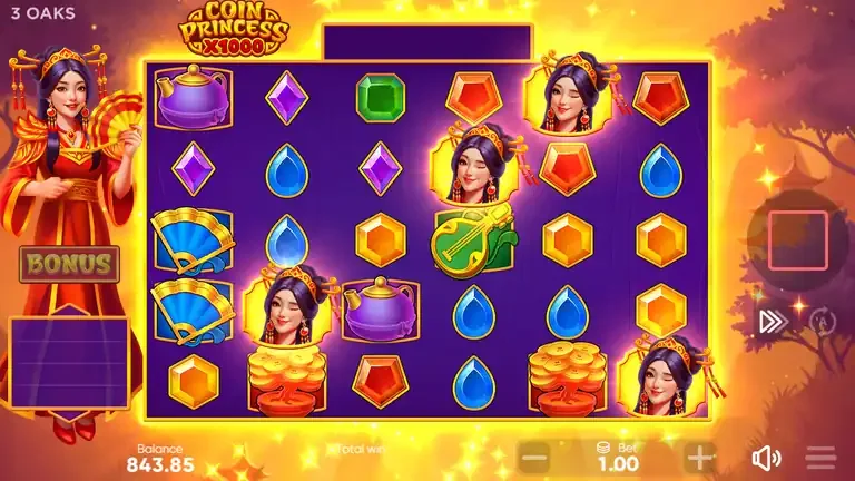 Coin Princess x1000 by 3 Oaks: the 6x5 grid at the moment the bonus lands