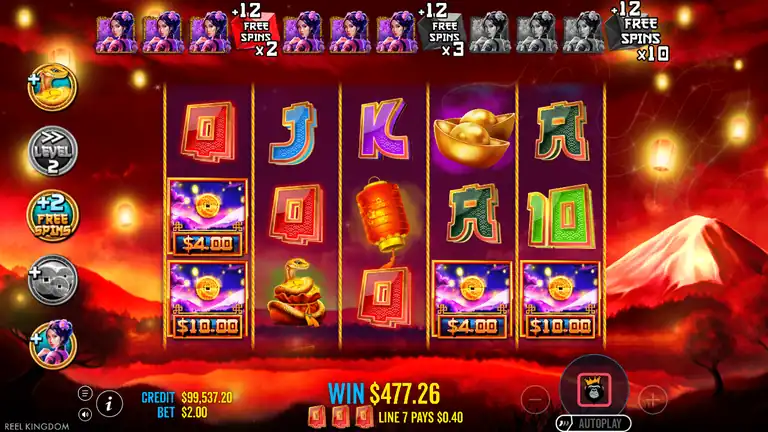 Floating Dragon Year of the Snake free spins result with coin values collected, the round settling near 477 credits