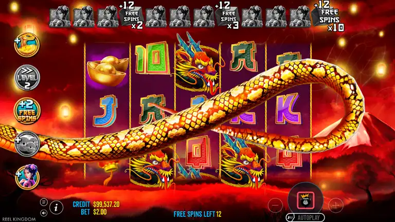 Floating Dragon Year of the Snake free spins round at Level 2 with the snake wild across the reels and coins in view
