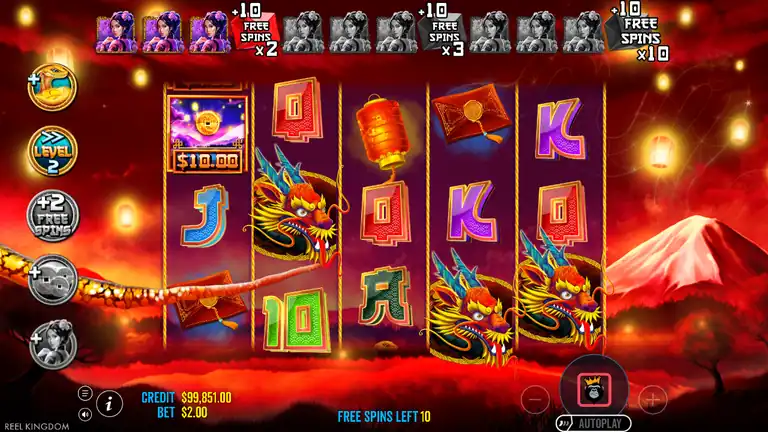 Floating Dragon Year of the Snake free spins round opening on Level 2 with extra spins added and coins on the reels