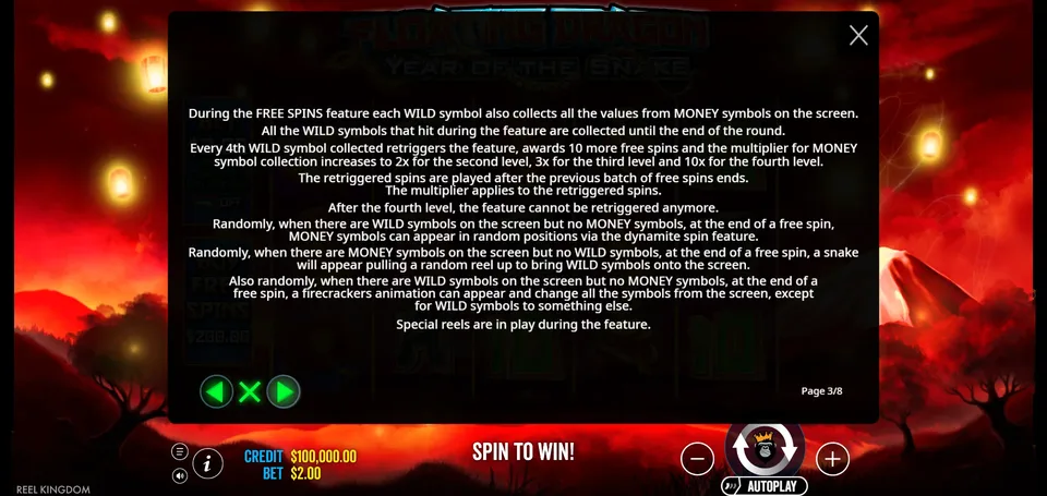 Floating Dragon Year of the Snake in-game rules screen: wild collection and the multiplier levels