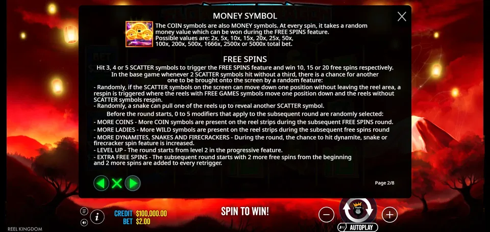 Floating Dragon Year of the Snake in-game rules screen: money symbol values and free spins