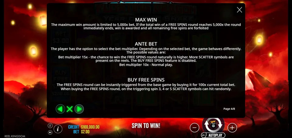 Floating Dragon Year of the Snake in-game rules screen: max win, ante bet and buy free spins