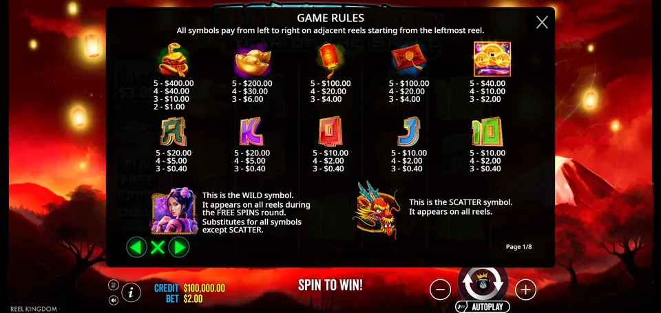 Floating Dragon Year of the Snake in-game paytable screen with symbol values, wild and scatter