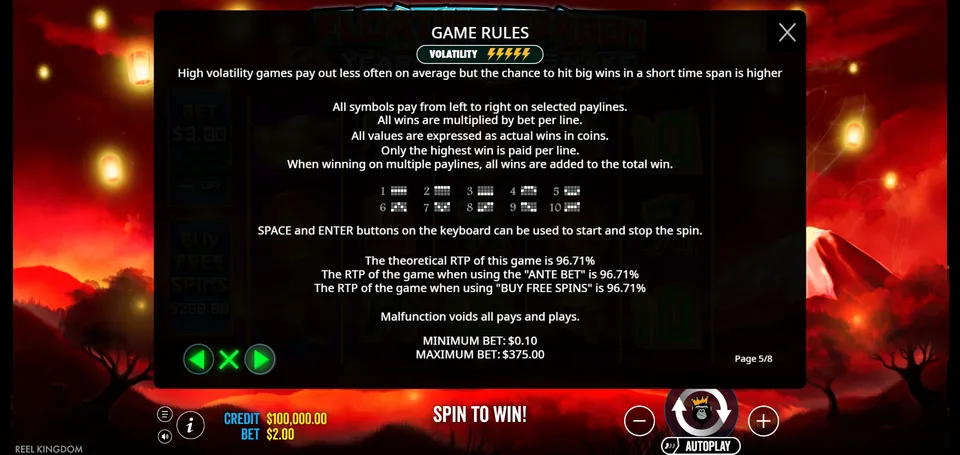 Floating Dragon Year of the Snake in-game rules screen: volatility and the 96.71% RTP