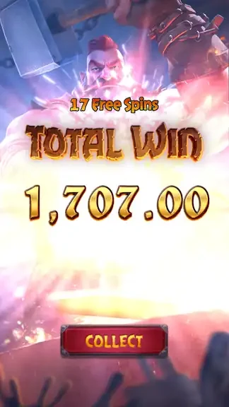 Forge of Wealth end screen of the best bonus: 17 Free Spins, TOTAL WIN 1,707.00