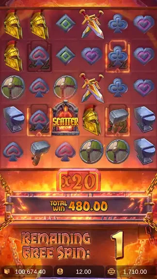 Forge of Wealth free spins: carry-over multiplier at x20 with TOTAL WIN 480.00 and one spin remaining
