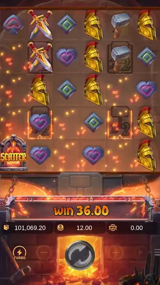 Forge of Wealth by PG Soft: golden helmet symbols across the 6x5 grid one spin before the session's balance peak