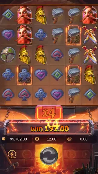 Forge of Wealth base game: the board pays 192.00 and the collected x4 multiplier turns the spin into 768.00
