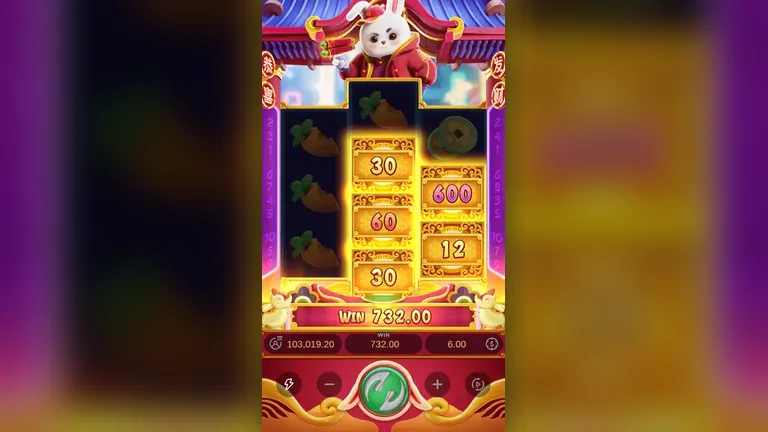 Fortune Rabbit base game spin paying 732.00 from five prize tiles of 30, 60, 600, 12 and 30, balance 103,019.20