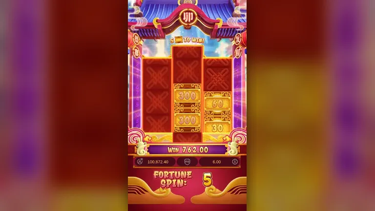 Fortune Rabbit feature round six with the win meter at 762.00 and five fortune spins remaining, balance 100,872.40