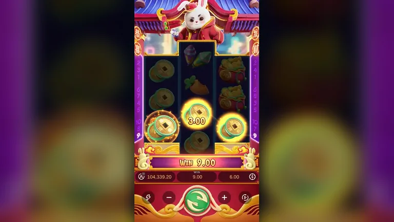 Fortune Rabbit base game board at the session close, win 9.00, balance 104,339.20