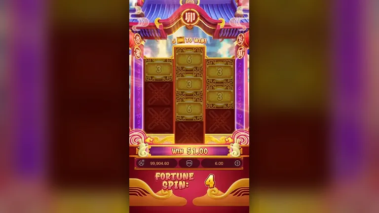 Fortune Rabbit feature round one in progress, four fortune spins remaining, win meter at 51.00