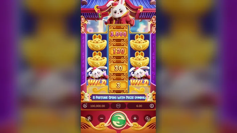 Fortune Rabbit base game board at the start of the logged session, prize tiles of 3,000, 120, 30 and 3 beside two wilds