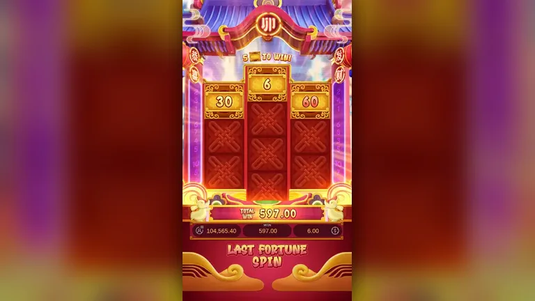 Fortune Rabbit feature round fifteen closing with a total win of 597.00 and the balance at its session peak of 104,565.40