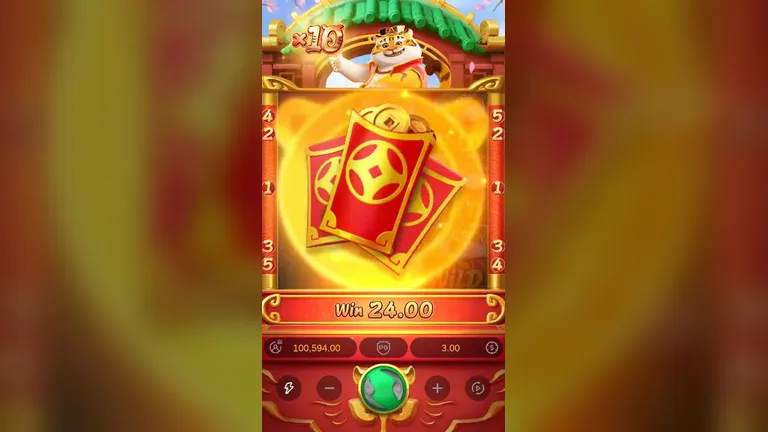 Fortune Tiger base game full screen of red envelopes and wilds with the x10 badge lit and the win meter at 24.00