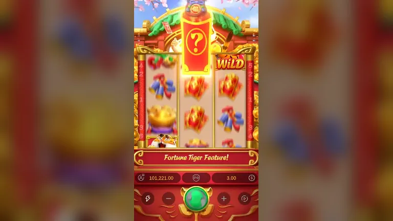 Fortune Tiger feature announcement, a red scroll with a question mark above the reels before the symbol is drawn, balance 101,221.00