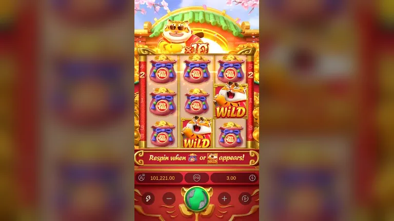 Fortune Tiger feature with six money bags and three wilds held on the grid, the banner reading respin when bag or wild appears