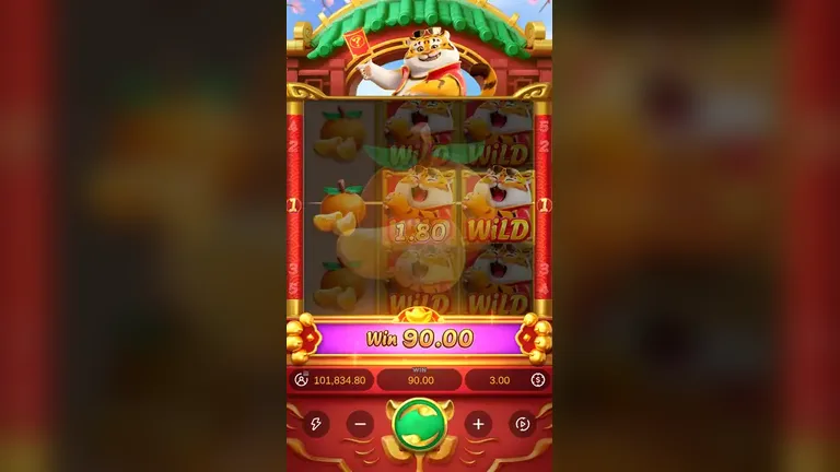Fortune Tiger base game full screen of oranges paying 90.00 with the balance at its peak of 101,834.80
