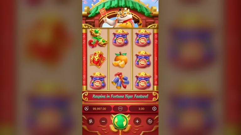 Fortune Tiger base game board at the opening of the logged session, balance 99,997.00