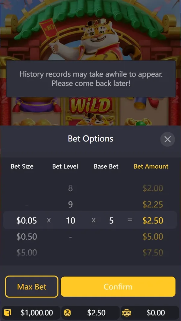 Fortune Tiger Bet Options menu: bet size 0.05, 0.50 or 5.00, bet level 1 to 10, base bet 5, bet amount from 2.00 to 7.50 shown