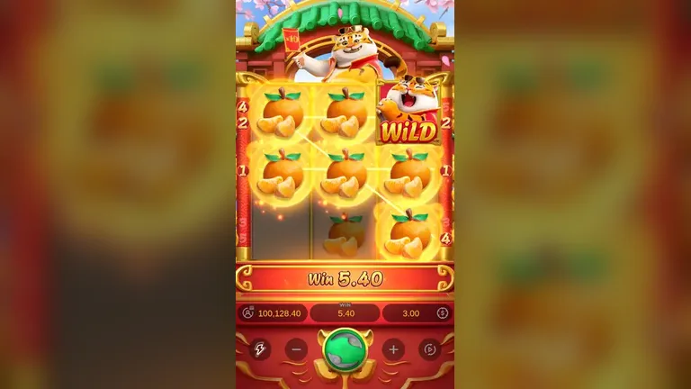 Fortune Tiger feature ending on three lines of oranges for 5.40, balance 100,128.40